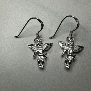 Sterling Silver 925 Cherub‎ Angel Dangle Drop Earrings Fine Jewelry